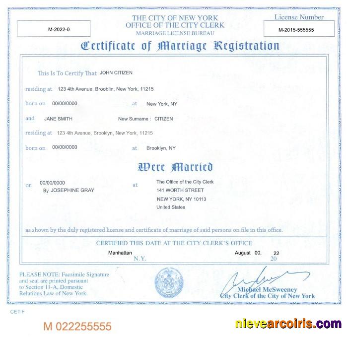 USA New York state marriage certificate